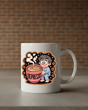 Depresso Coffee Anxiety Mug – Funny ceramic coffee cup with bold sarcastic text design.