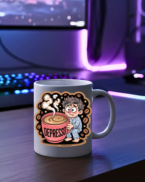 Depresso Coffee Anxiety Mug – Funny ceramic coffee cup with bold sarcastic text design.