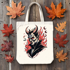 Devil’s Halloween Tote Bag – funny red devil design on cotton canvas with meme text from Memez Store.