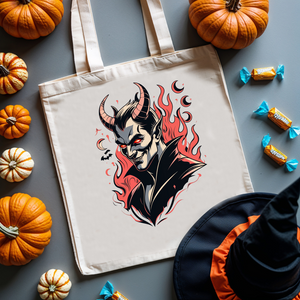 Devil’s Halloween Tote Bag – funny red devil design on cotton canvas with meme text from Memez Store.
