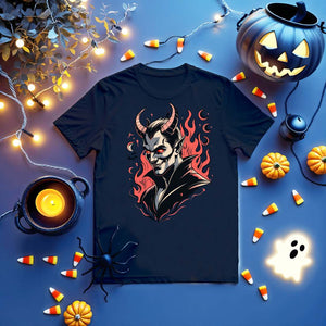 Mischievous devil-themed shirt on black cotton fabric