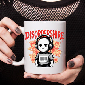 Close-up of DisorderShire Funny Mug with humorous design