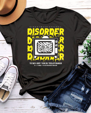 Disorder Streetwear T-Shirt with scattering geometric forms on model