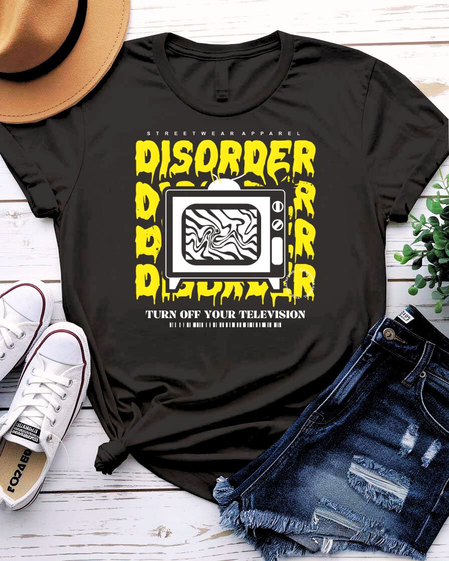 Disorder Streetwear T-Shirt with scattering geometric forms on model