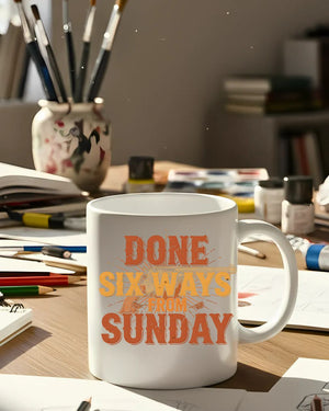 Done Six Ways From Sunday Mug – funny sarcastic ceramic coffee cup gag gift