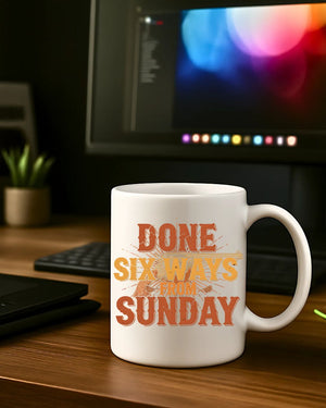 Done Six Ways From Sunday Mug – funny sarcastic ceramic coffee cup gag gift