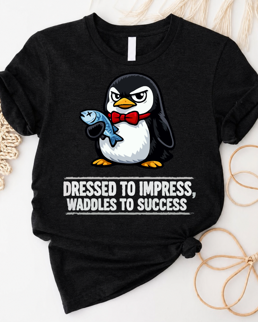 Dressed to impress penguin graphic tee with waddles to success slogan