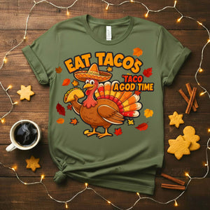 “Eat Tacos Christmas Meme Funny Tee – funny festive taco lover t-shirt with holiday meme design.”