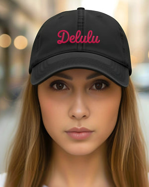 Delulu embroidered cap meme-inspired streetwear accessory