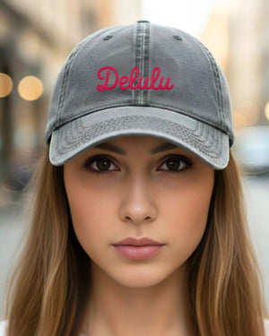 Delulu embroidered cap meme-inspired streetwear accessory