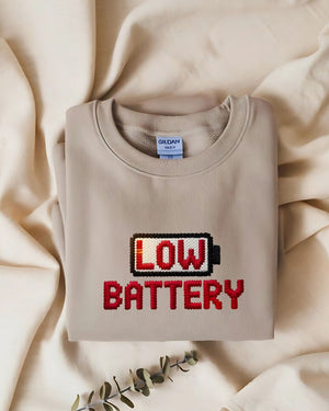 Funny unisex embroidered sweatshirt – low battery humor design
