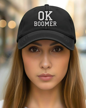 OK Boomer embroidered strapback cap close-up