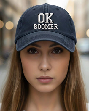 OK Boomer embroidered strapback cap close-up