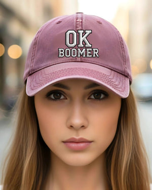 OK Boomer embroidered strapback cap close-up