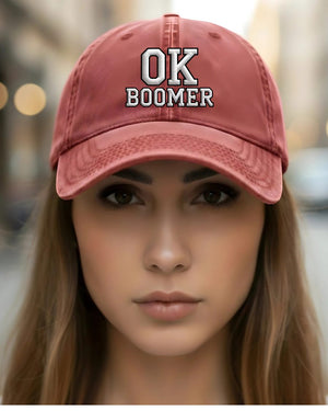 OK Boomer embroidered strapback cap close-up