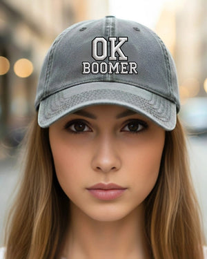 OK Boomer embroidered strapback cap close-up