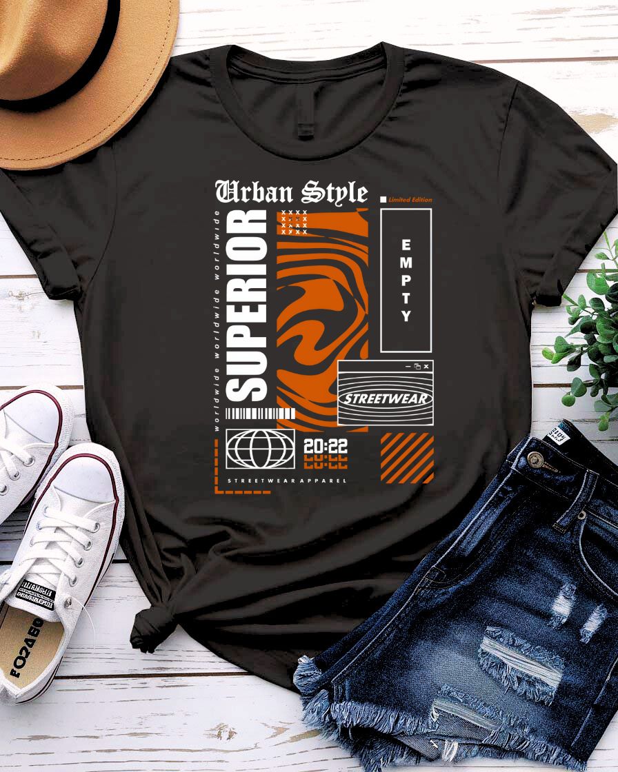 Empty Streetwear Tee with blank rectangle graphic on model