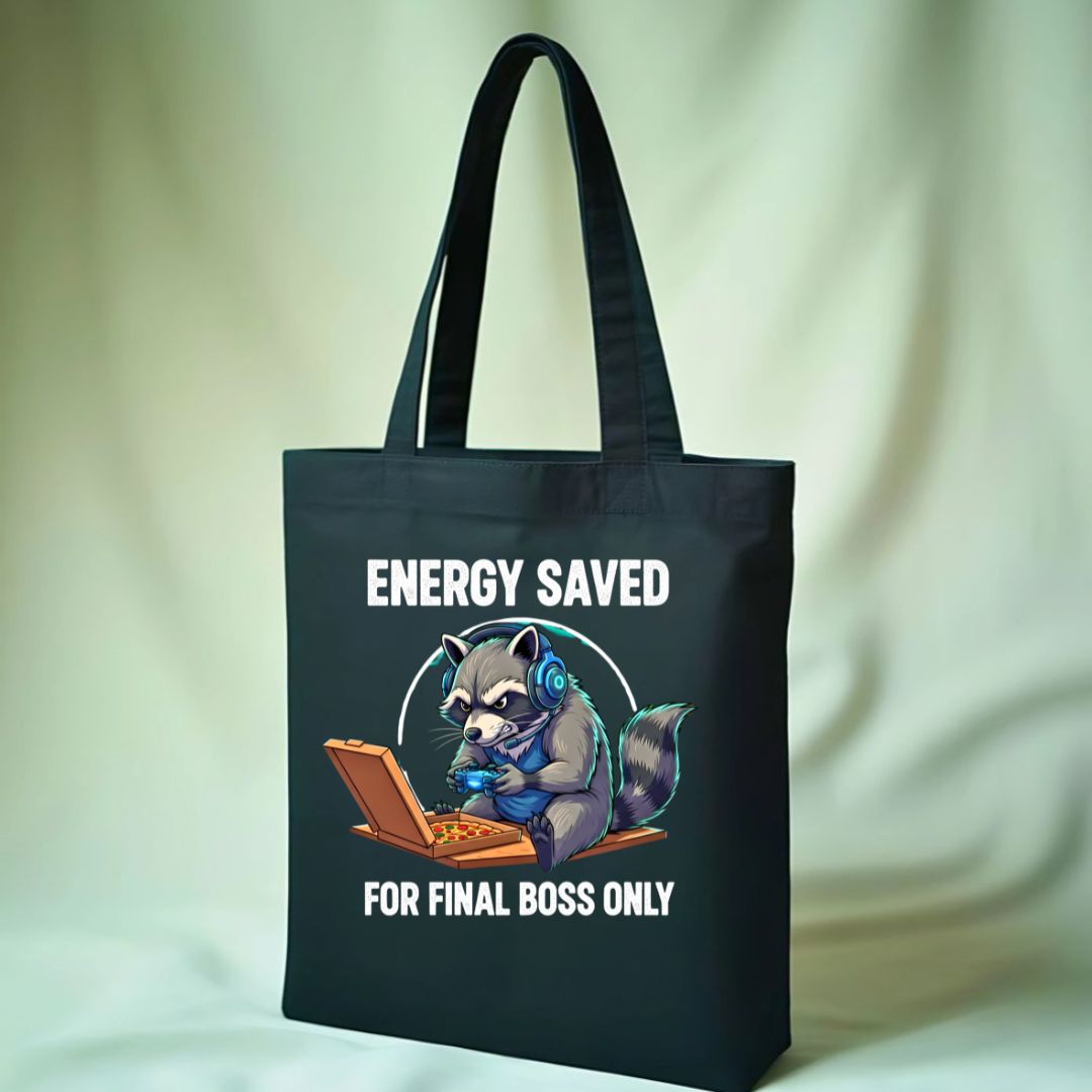 Energy Saved Raccoon Tote Bag with tired raccoon design