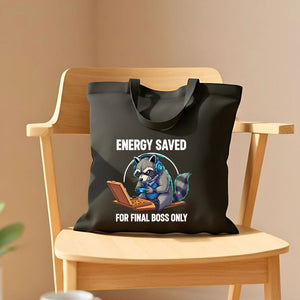 Energy Saved Raccoon Tote Bag with tired raccoon design