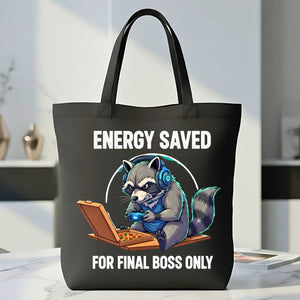 Energy Saved Raccoon Tote Bag with tired raccoon design