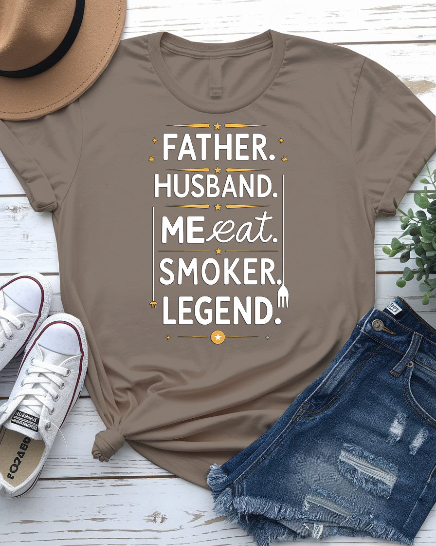 Father Husband Smoker Legend Funny Meme Tee – BBQ dad shirt with grilling joke text from Memez Store