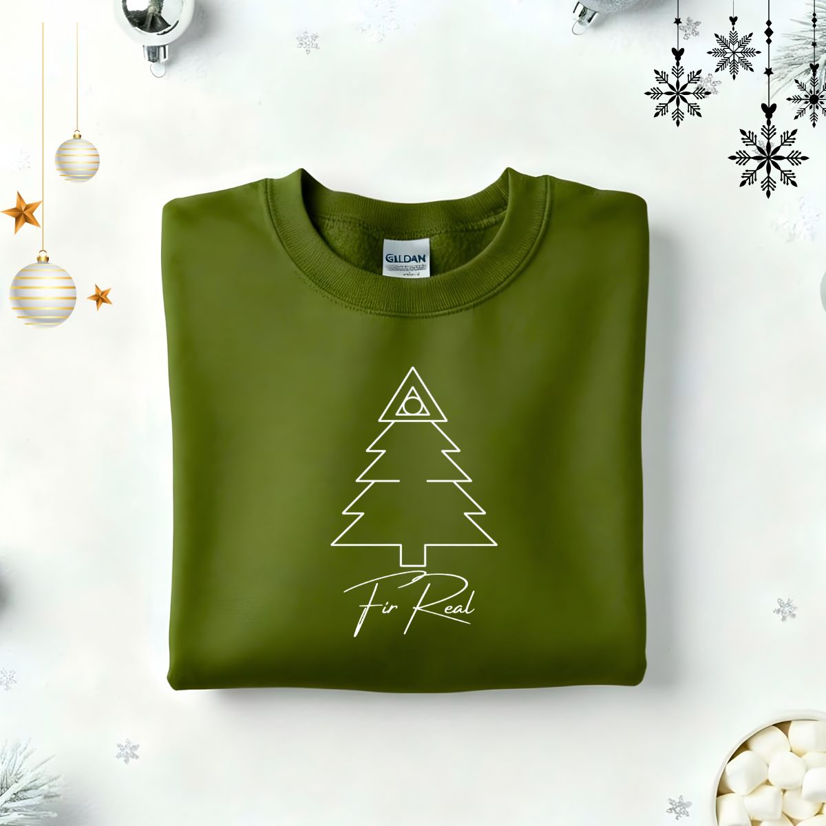 Fir-real Typographical Embroidered Sweatshirt – funny holiday pun sweatshirt with minimalist embroidered text, soft unisex fleece pullover from Memez.Store, perfect for tree lovers and pun enthusiasts.