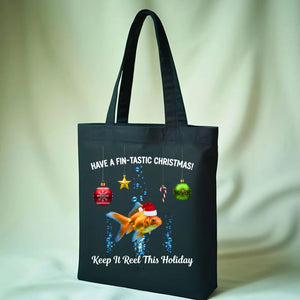 Fish Christmas Tote Bag with festive fish in Santa hats design