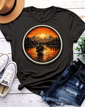 Fly fishing adventure tee angler mid-cast mountain river graphic