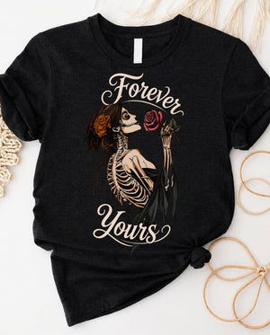 Forever yours gothic skeleton couple t-shirt with romantic skull design
