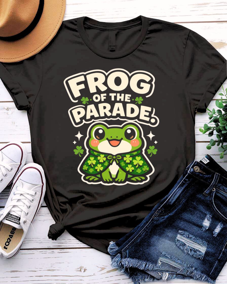 Frog of Parade St. Patrick's Day Tee with crowned frog on float on model
