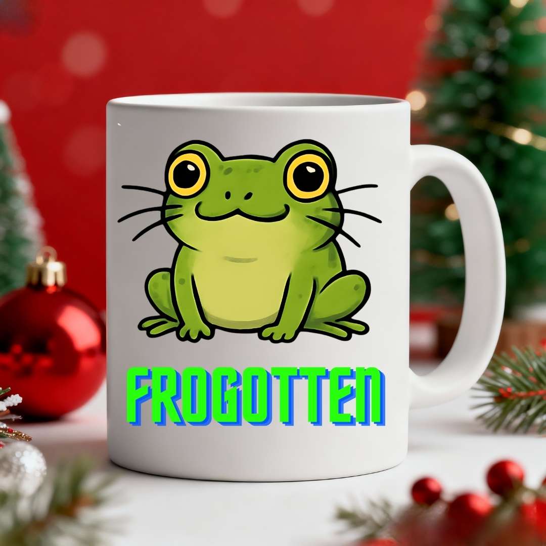 Frogotten Coffee Mug – funny frog meme ceramic coffee cup for caffeine lovers by Memez.Store