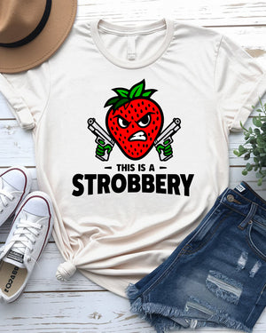 Unisex model laughing while wearing “This is Strobbery” tee