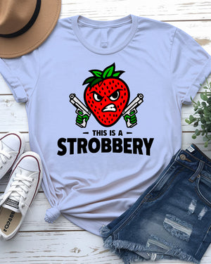 Unisex model laughing while wearing “This is Strobbery” tee