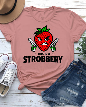 Unisex model laughing while wearing “This is Strobbery” tee