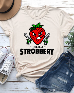 Unisex model laughing while wearing “This is Strobbery” tee