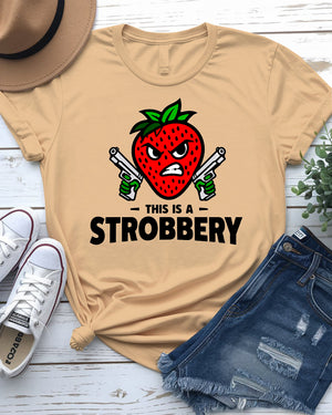 Unisex model laughing while wearing “This is Strobbery” tee