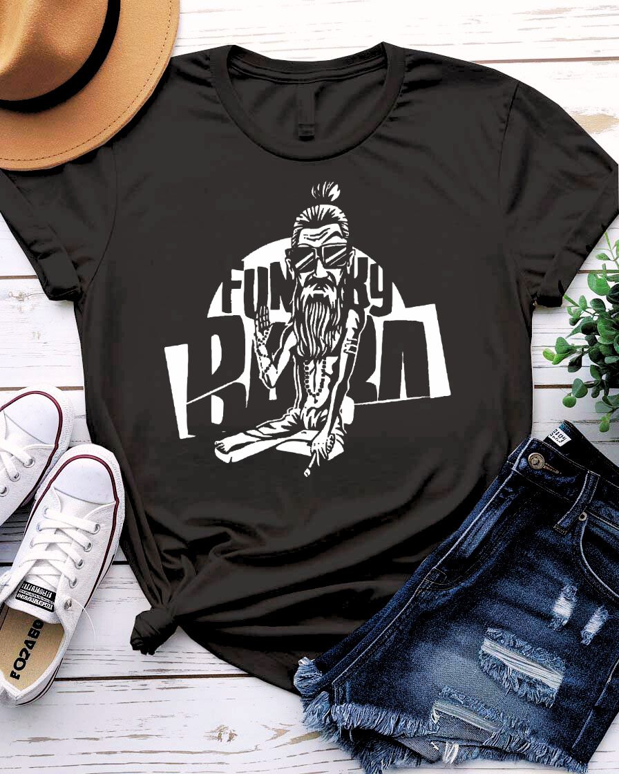 Funky Baba Funny Tee with groovy grandpa dancing with records on model