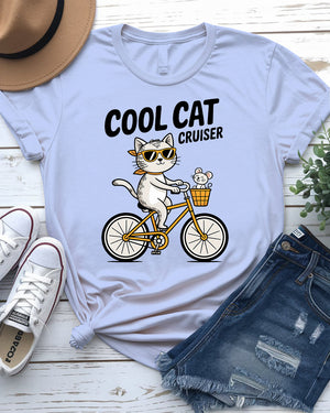 High-detail graphic of cruising cat on t-shirt – cute and humorous