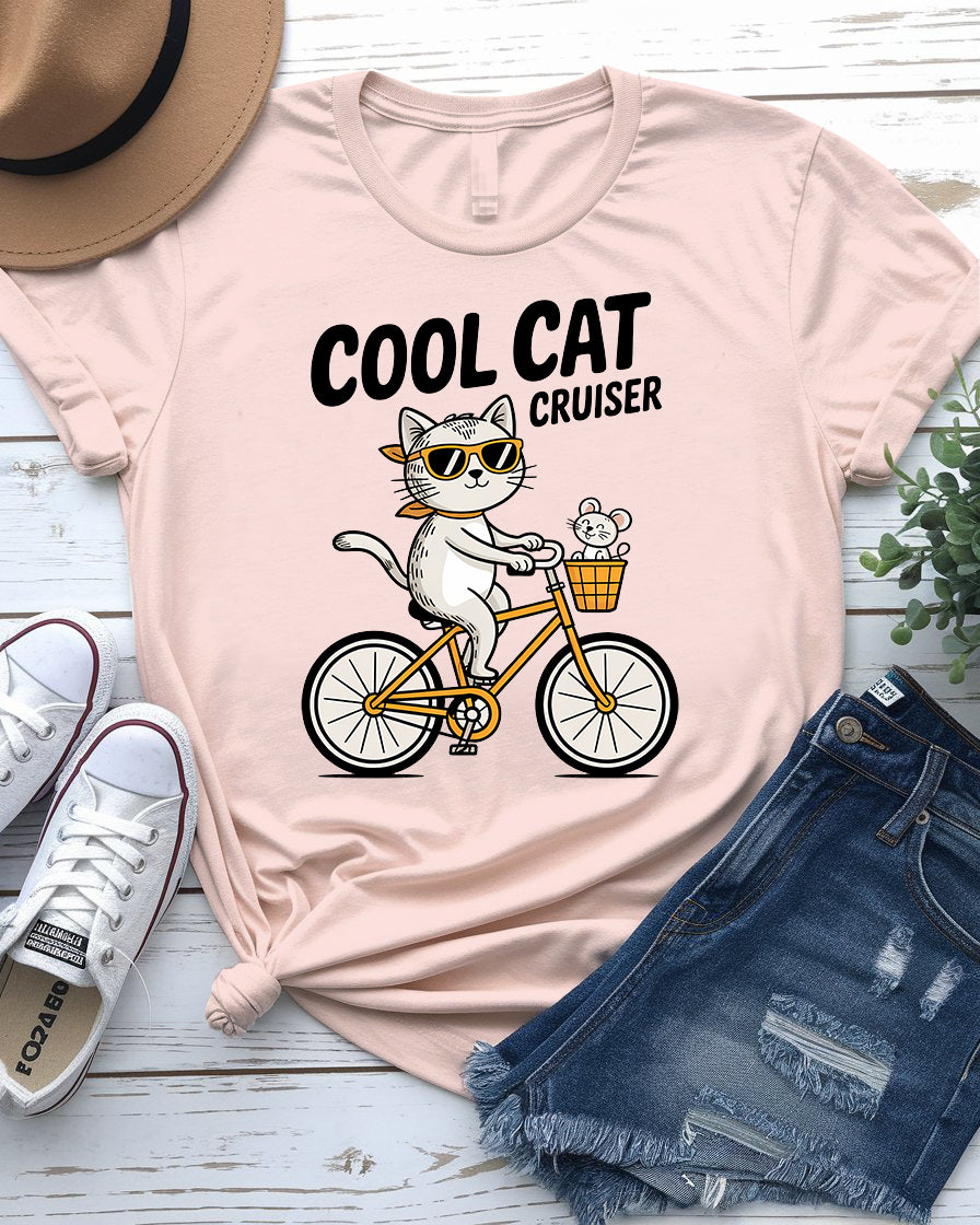 High-detail graphic of cruising cat on t-shirt â cute and humorous