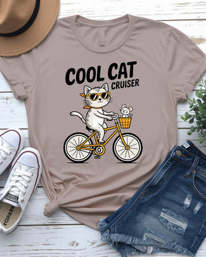 High-detail graphic of cruising cat on t-shirt – cute and humorous