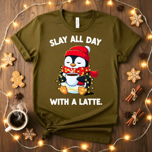 Funny Christmas coffee meme t-shirt for latte lovers, Slay All Day With A Latte tee for holiday gifting, caffeine humor shirt for women and men, coffee lover Christmas meme apparel 2025 by Memez Store