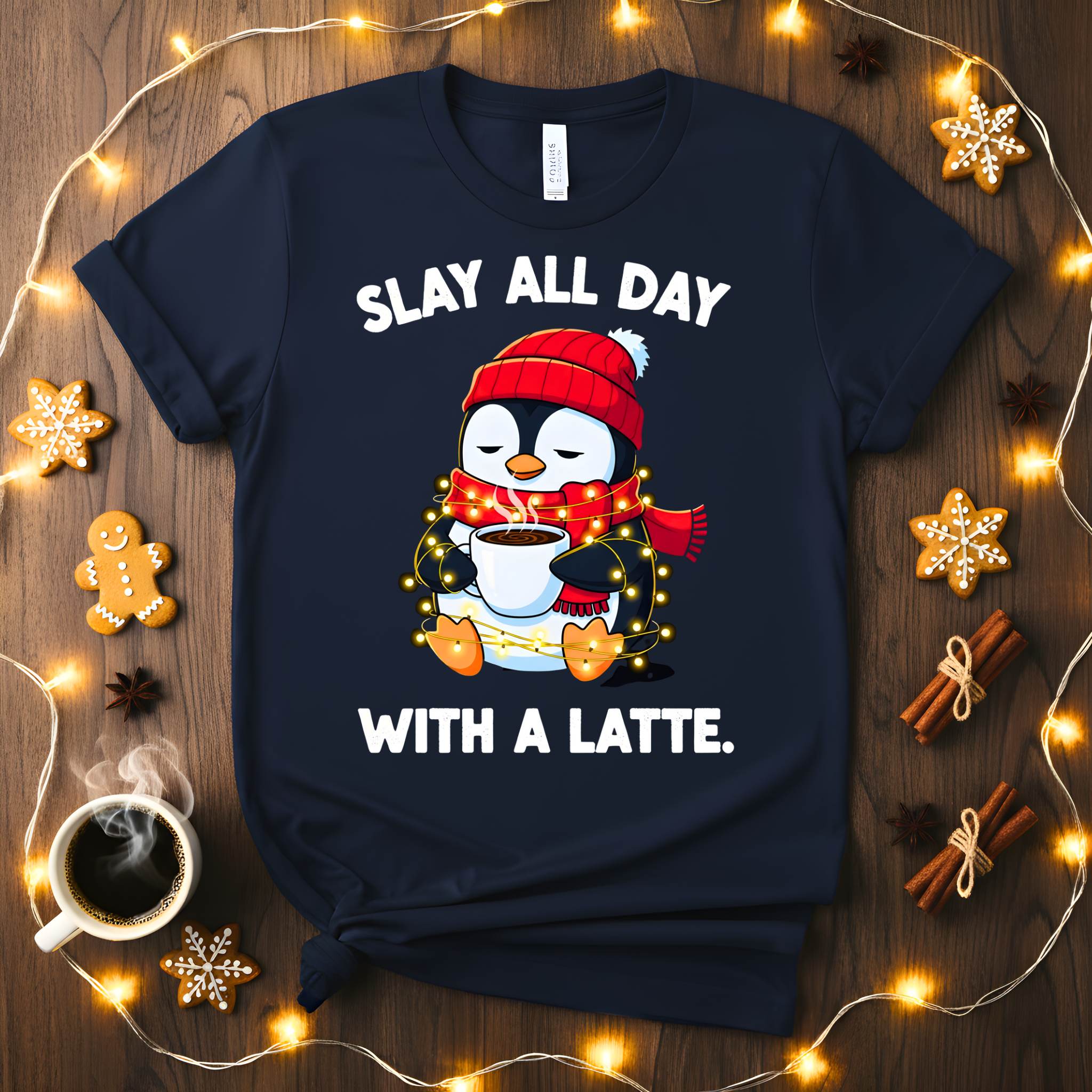 Funny Christmas coffee meme t-shirt for latte lovers, Slay All Day With A Latte tee for holiday gifting, caffeine humor shirt for women and men, coffee lover Christmas meme apparel 2025 by Memez Store