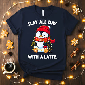 Funny Christmas coffee meme t-shirt for latte lovers, Slay All Day With A Latte tee for holiday gifting, caffeine humor shirt for women and men, coffee lover Christmas meme apparel 2025 by Memez Store
