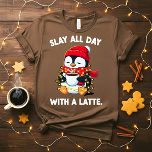 Funny Christmas coffee meme t-shirt for latte lovers, Slay All Day With A Latte tee for holiday gifting, caffeine humor shirt for women and men, coffee lover Christmas meme apparel 2025 by Memez Store