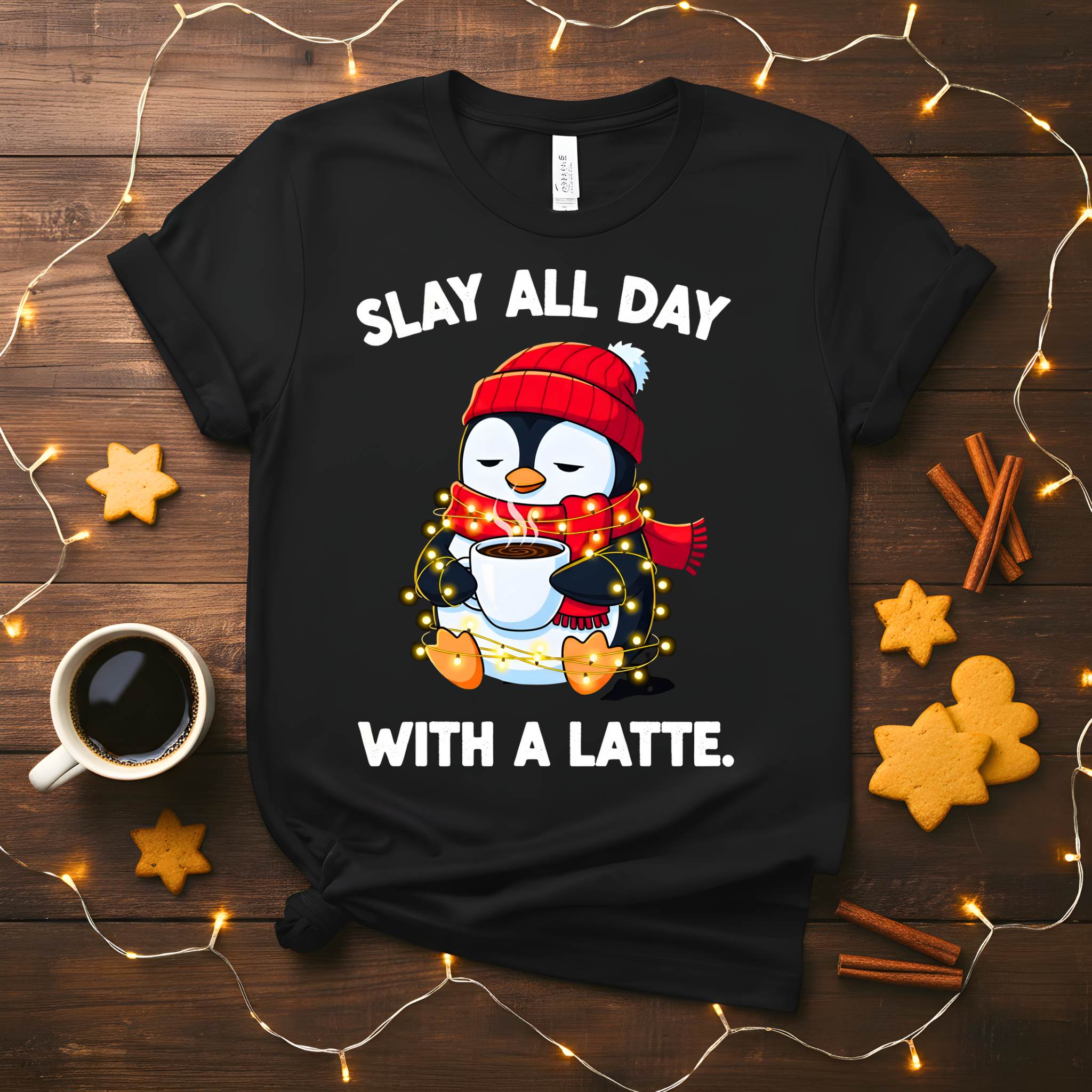 Funny Christmas coffee meme t-shirt for latte lovers, Slay All Day With A Latte tee for holiday gifting, caffeine humor shirt for women and men, coffee lover Christmas meme apparel 2025 by Memez Store