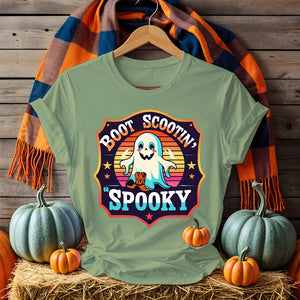 Funny Halloween Meme Tee in black with humorous text design, worn by a smiling adult with Halloween decor in the background – Memez Store unisex apparel