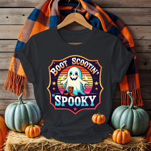 Funny Halloween Meme Tee in black with humorous text design, worn by a smiling adult with Halloween decor in the background – Memez Store unisex apparel