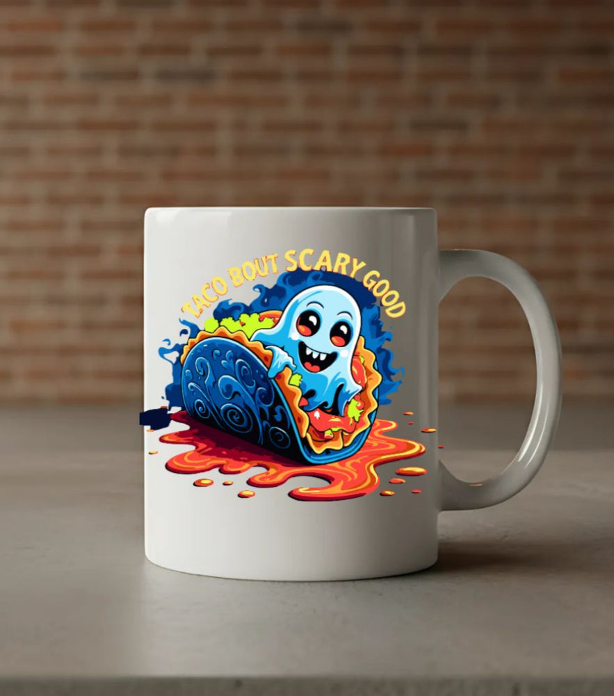 Funny Halloween Taco But Scarry Mug – spooky taco design coffee mug gift idea
