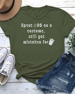 Funny Halloween shirt with bold text reading “Spent $60 on This Costume” in large, clean font on a black unisex tee.
