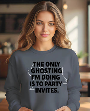 Comfy oversized sweatshirt with ghosting party invites design